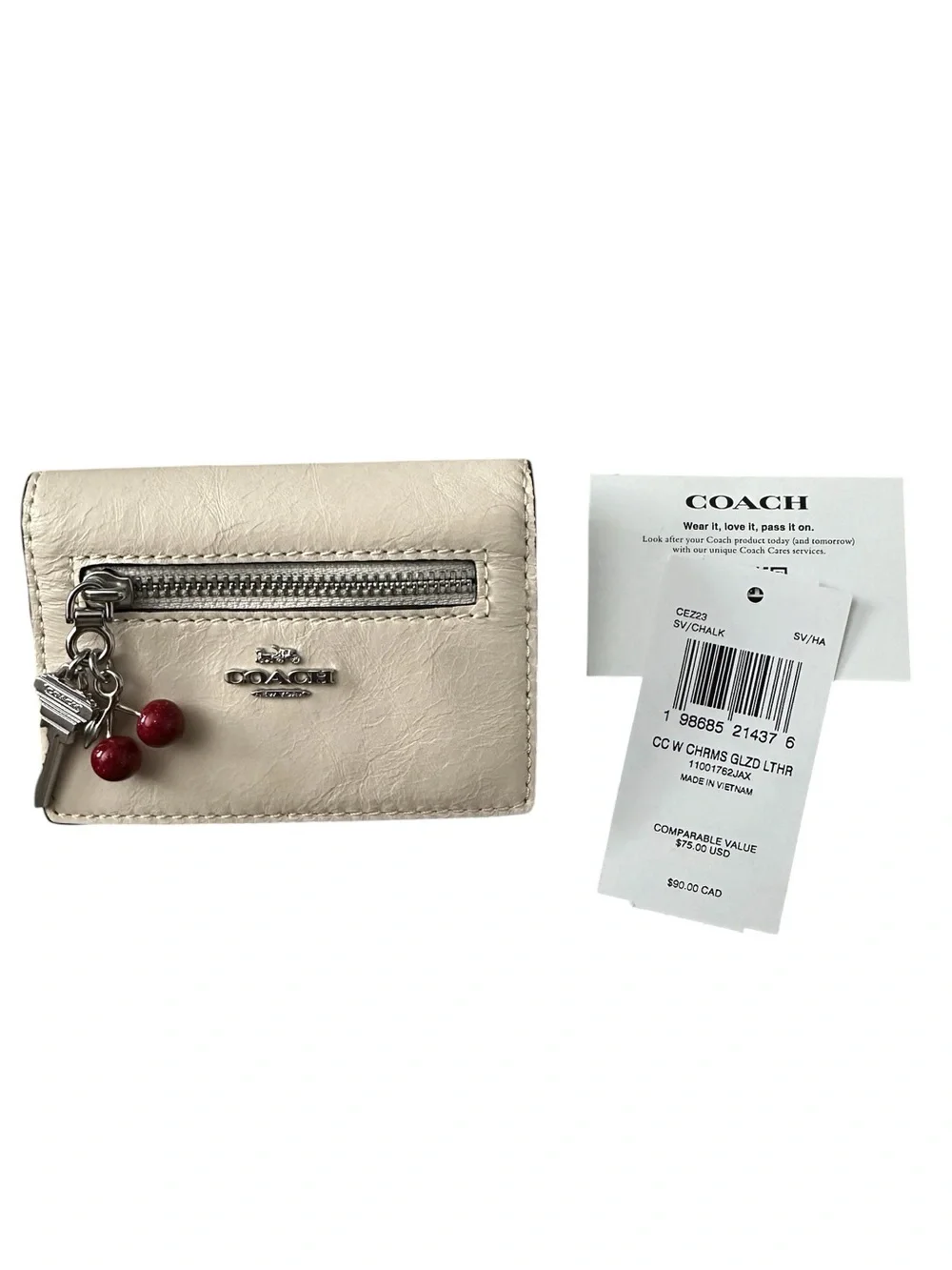 Coach Cherry And Key Charm Glazed Leather Card Case Wallet – Chalk White (NWT)**